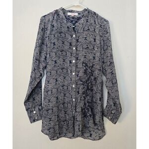 Amaya Silk Blouse Embroidered Top Gray Blue Long Sleeve Button Down 38 Medium